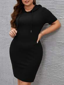 SHEIN Clasi Plus Solid Drawstring Hooded Bodycon Dress - Black - View 1