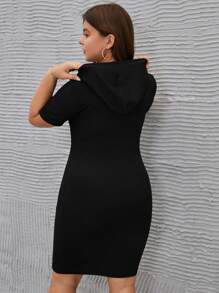 SHEIN Clasi Plus Solid Drawstring Hooded Bodycon Dress - Black - View 2