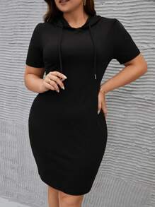 SHEIN Clasi Plus Solid Drawstring Hooded Bodycon Dress - Black - View 4