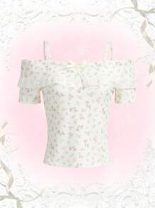 ROMWE Kawaii Ditsy Floral Cold Shoulder Tee - Beige - View 1