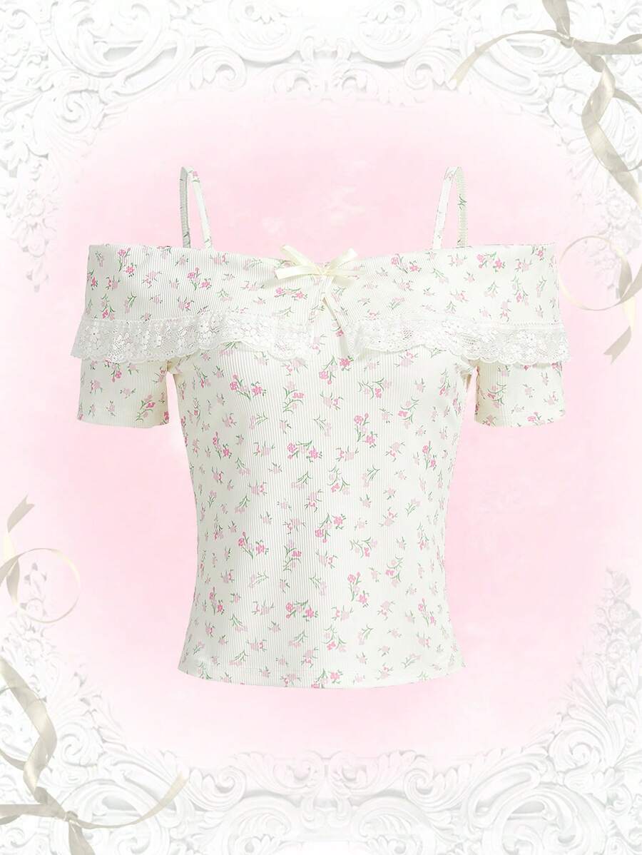 ROMWE Kawaii Ditsy Floral Cold Shoulder Tee - Beige - View 1