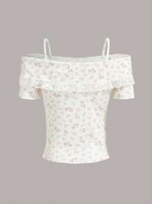ROMWE Kawaii Ditsy Floral Cold Shoulder Tee - Beige - View 4