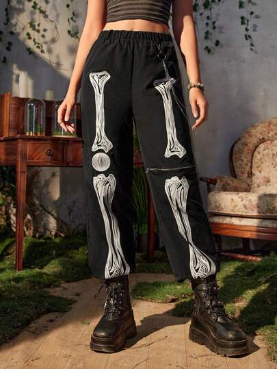 Hose mit Skelett Muster, Kette Detail,
