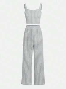 SHEIN Teen Girls Solid Cami Top & Wide Leg Pants - Light Grey - View 1
