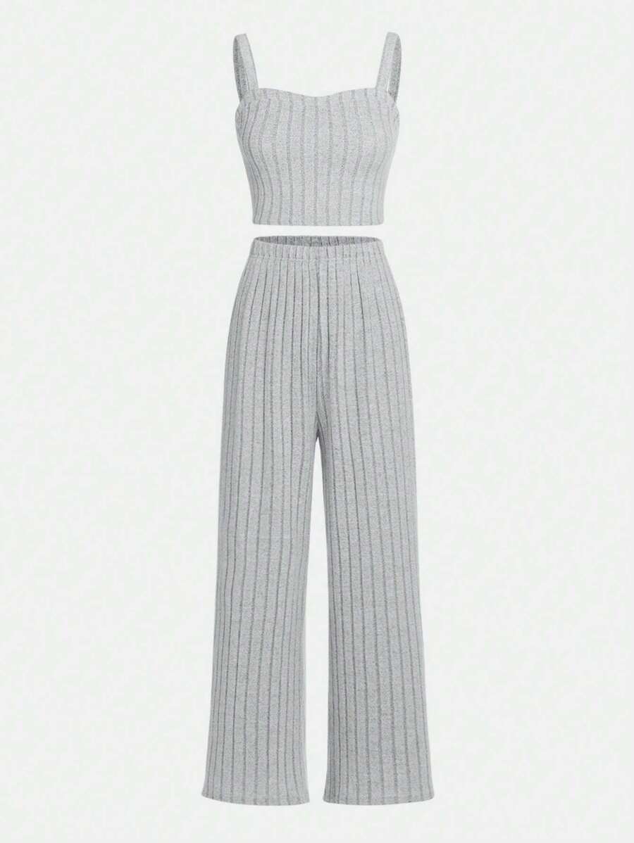 SHEIN Teen Girls Solid Cami Top & Wide Leg Pants - Light Grey - View 1