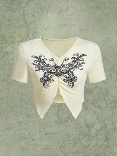 Fairycore Butterfly Print Ruched Asymmetrical Hem Tee