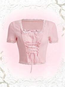 ROMWE Kawaii Lace Trim Lace Up Front Tee - Pink - View 1