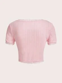 ROMWE Kawaii Lace Trim Lace Up Front Tee - Pink - View 4
