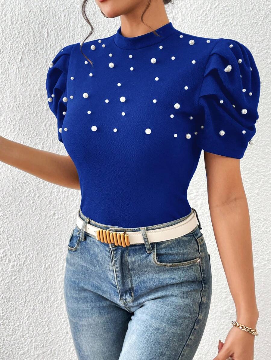 SHEIN Clasi Áo thun nữ cườm đính Ngọc trai màu trơn Giải trí - Xanh đậm - Xem 1