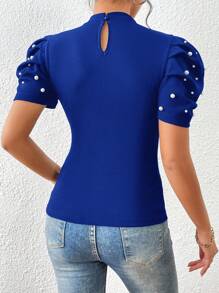 SHEIN Clasi Áo thun nữ cườm đính Ngọc trai màu trơn Giải trí - Xanh đậm - Xem 2