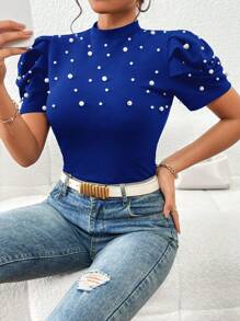 SHEIN Clasi Áo thun nữ cườm đính Ngọc trai màu trơn Giải trí - Xanh đậm - Xem 5