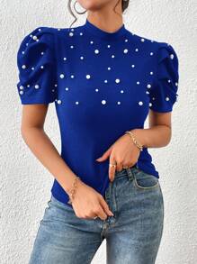 SHEIN Clasi Áo thun nữ cườm đính Ngọc trai màu trơn Giải trí - Xanh đậm - Xem 6