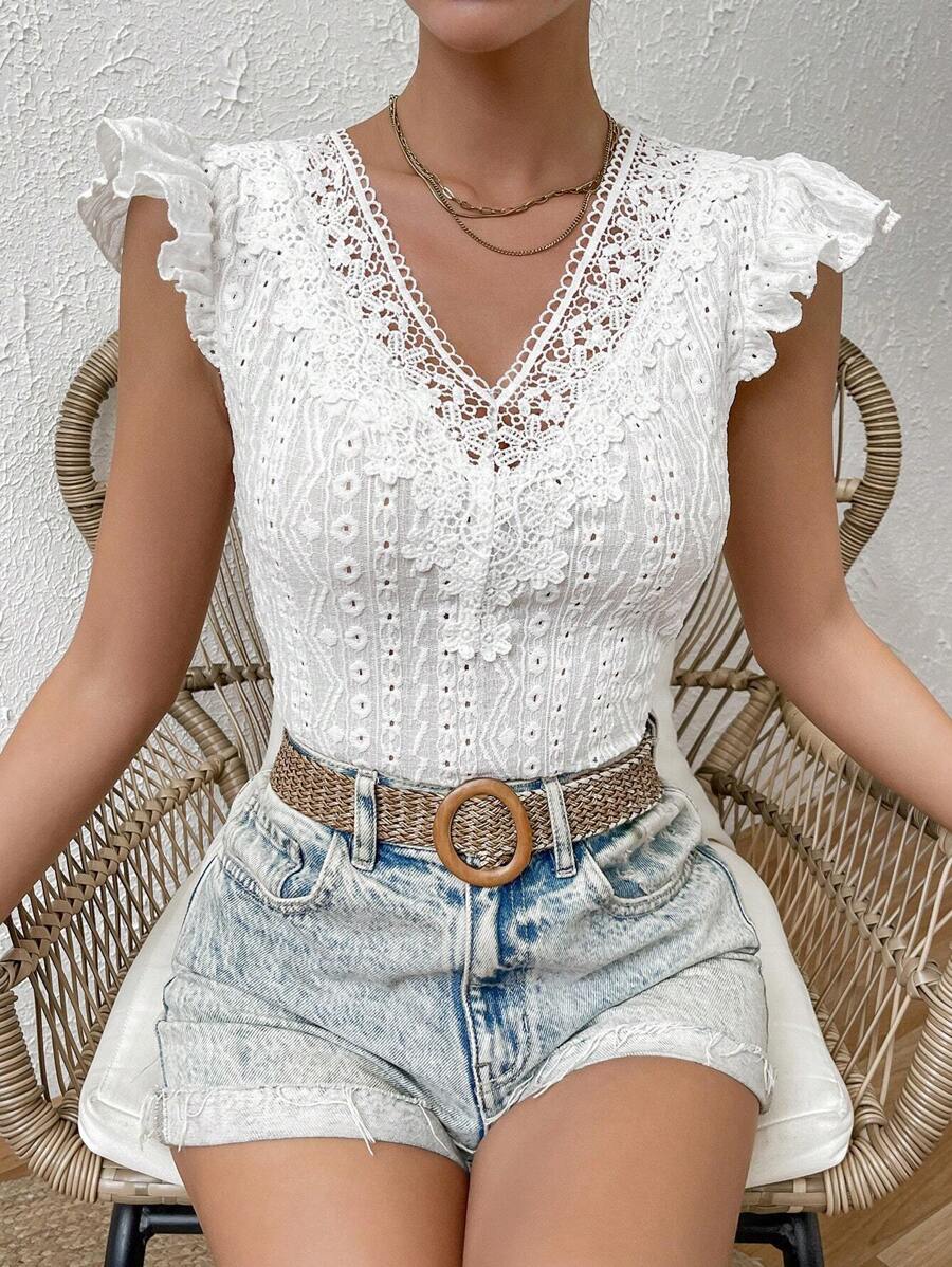 SHEIN Frenchy 拼接水溶蕾絲蝴蝶袖襯衫 - 白色 - 查看 1