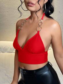 SHEIN BAE O形環細節後背繫帶繞頸短上衣 - 紅色 - 查看 3
