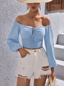 SHEIN VCAY 一字肩前打結燈籠袖短款襯衫 - 淺藍色 - 查看 1