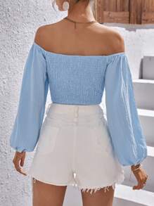 SHEIN VCAY 一字肩前打結燈籠袖短款襯衫 - 淺藍色 - 查看 2