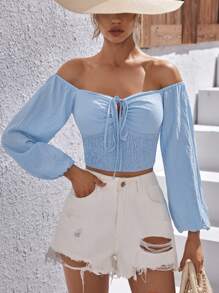 SHEIN VCAY 一字肩前打結燈籠袖短款襯衫 - 淺藍色 - 查看 3