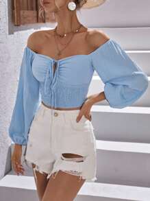 SHEIN VCAY 一字肩前打結燈籠袖短款襯衫 - 淺藍色 - 查看 4