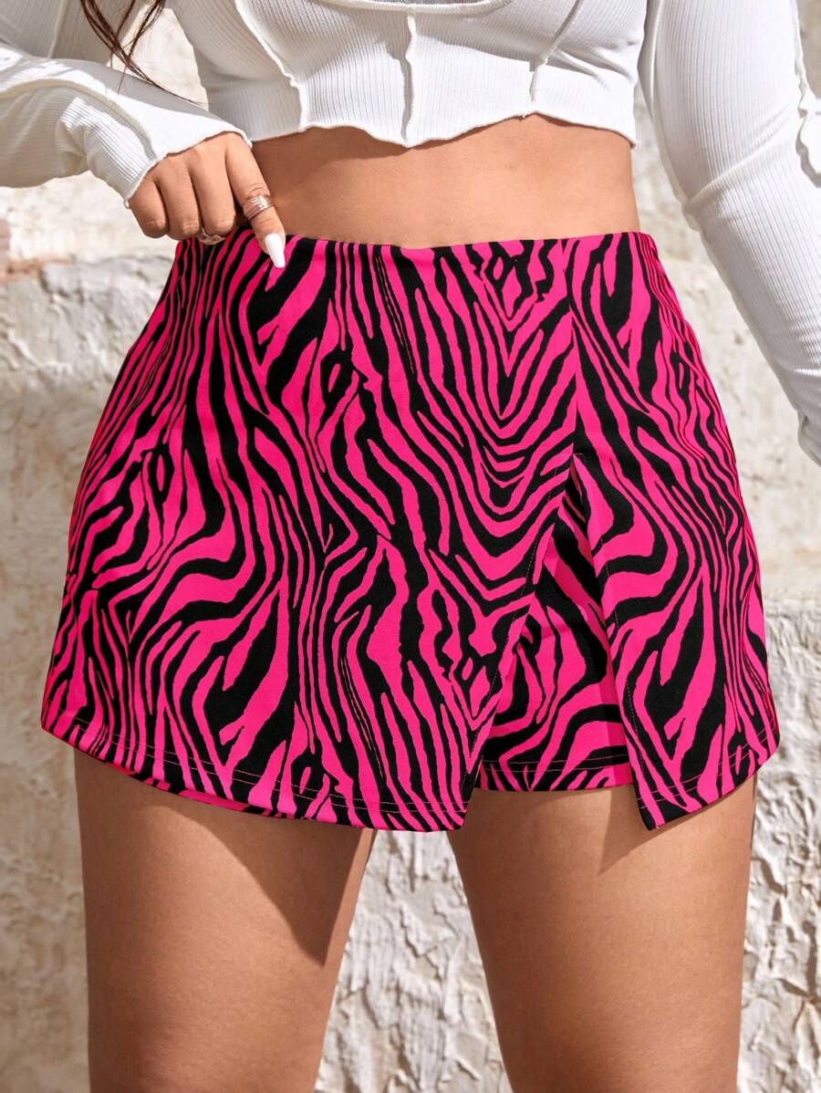 SHEIN Privé Plus Zebra Striped Print Split Hem Skort - Hot Pink - View 1