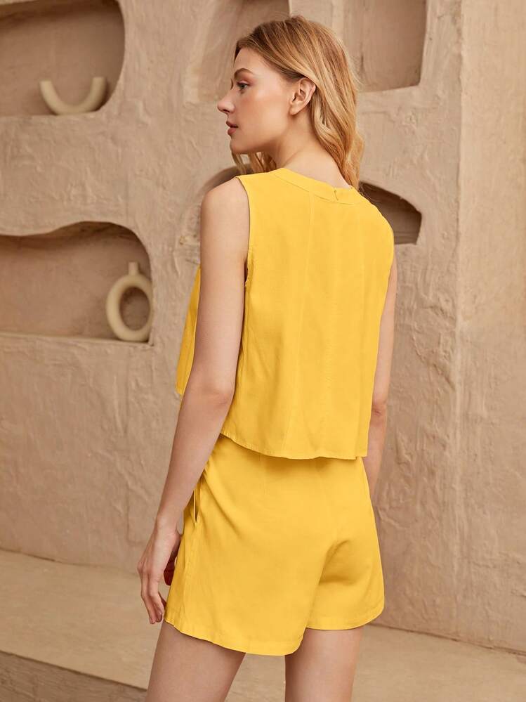 SHEIN VCAY כיס רוכסן פשוט קז'ואל אאוטפיט שני חלקים לנשים - צהוב - ראה 2