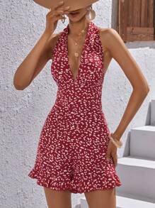 SHEIN VCAY 滿版印花後背繫帶荷葉邊繞頸連體短褲 - 紅色 - 查看 3