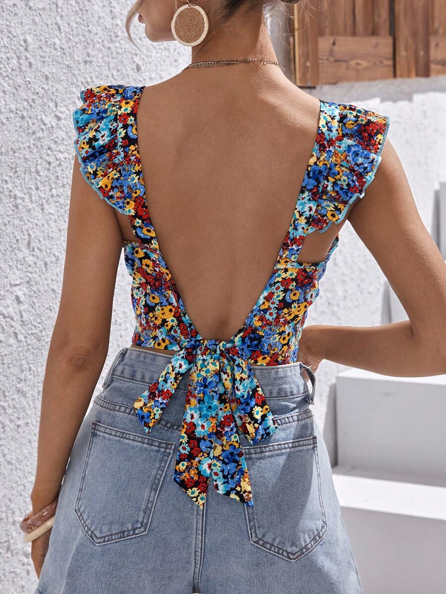 Soleia Áo nữ Lộ Lưng Xù Buộc lại Họa tiết hoa Boho - Nhiều màu - Xem 1