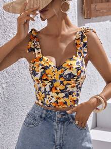 SHEIN VCAY 印花肩上打結寬背帶上衣 - 彩色 - 查看 1