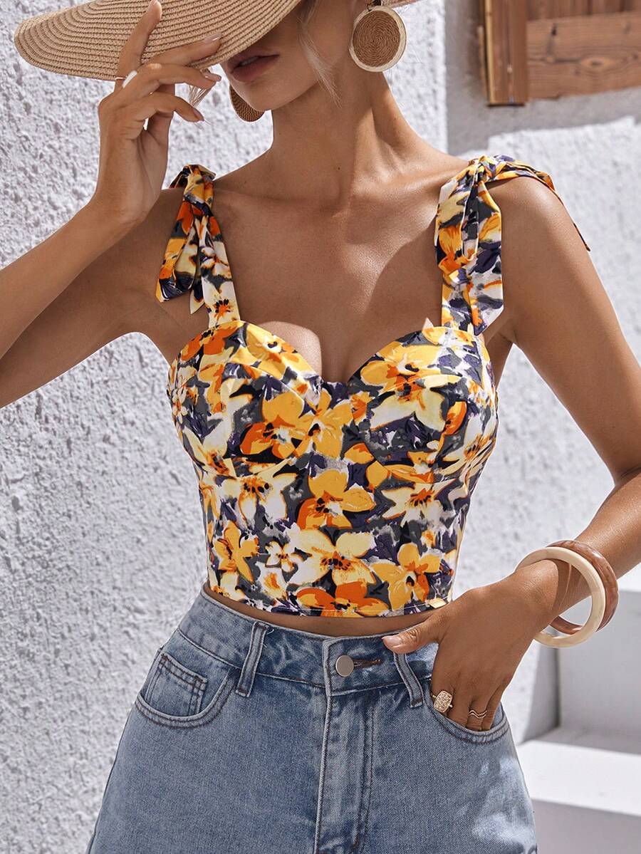 SHEIN VCAY 印花肩上打結寬背帶上衣 - 彩色 - 查看 1