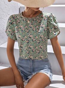 SHEIN VCAY Allover Floral Print Petal Sleeve Blouse - Mint Green - View 1