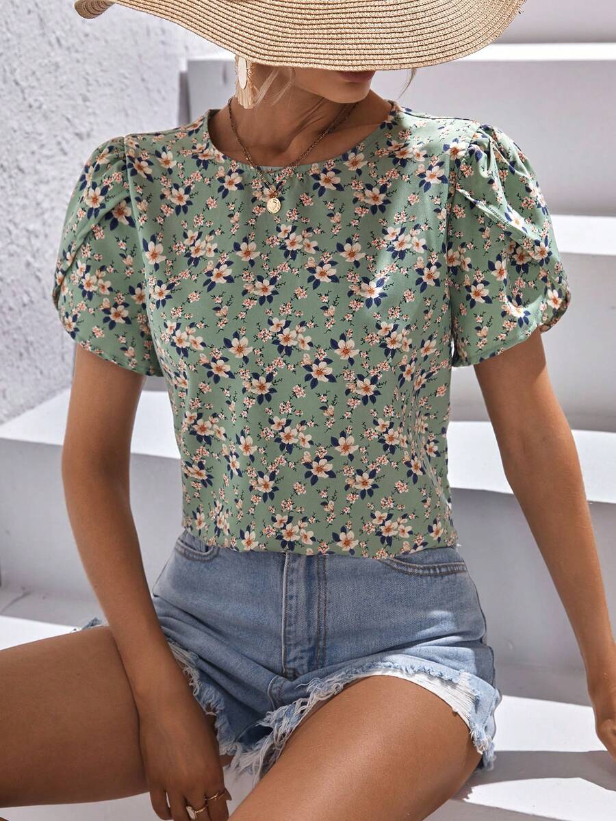 SHEIN VCAY Allover Floral Print Petal Sleeve Blouse - Mint Green - View 1