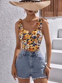 SHEIN VCAY 印花肩上打結寬背帶上衣 - 彩色 - 查看 4