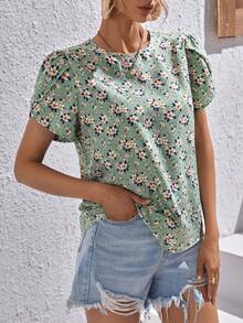 SHEIN VCAY Allover Floral Print Petal Sleeve Blouse - Mint Green - View 3