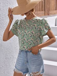 SHEIN VCAY Allover Floral Print Petal Sleeve Blouse - Mint Green - View 4