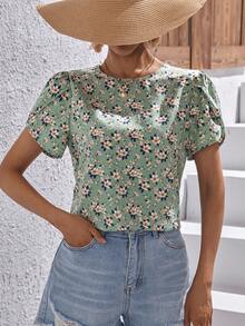SHEIN VCAY Allover Floral Print Petal Sleeve Blouse - Mint Green - View 5