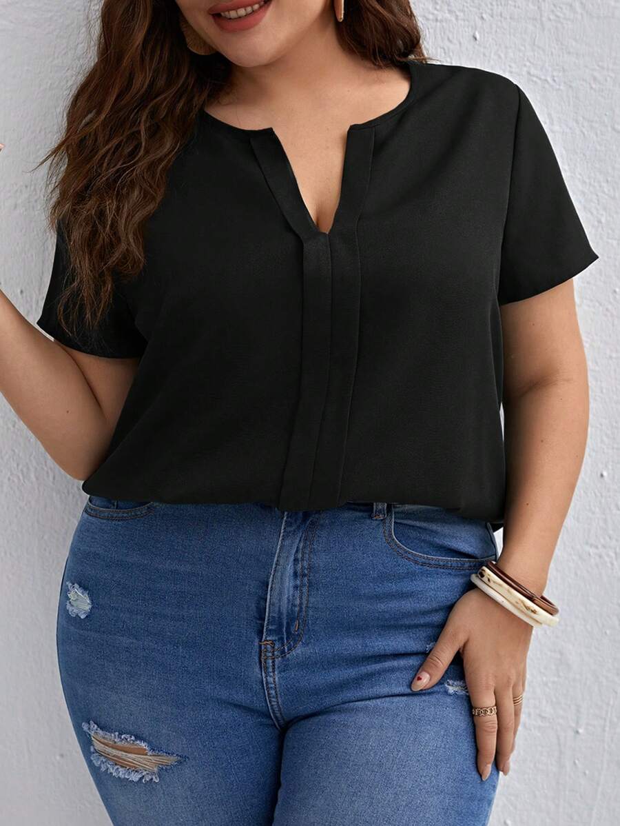 SHEIN Clasi Plus Notched Neckline Solid Blouse