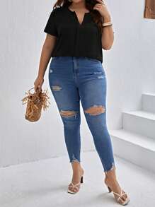 SHEIN Clasi Plus Notched Neckline Solid Blouse