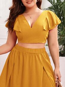 SHEIN VCAY Plus Tie Backless Butterfly Sleeve Blouse - Mustard Yellow - View 3