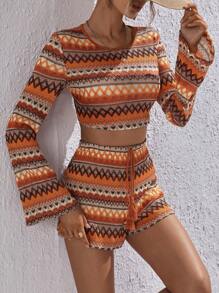 SHEIN VCAY 幾何圖案短款T恤和流蘇前繫帶短褲 - 彩色 - 查看 1