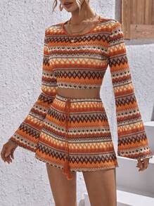 SHEIN VCAY 幾何圖案短款T恤和流蘇前繫帶短褲 - 彩色 - 查看 3