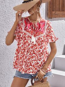 SHEIN LUNE Áo sơ mi nữ mép Xù Thắt nơ trước Hoa Tất cả trên in Boho - Đỏ - Xem 1
