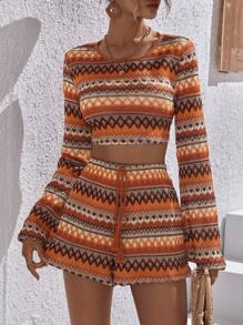 SHEIN VCAY 幾何圖案短款T恤和流蘇前繫帶短褲 - 彩色 - 查看 5