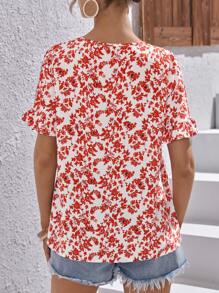 SHEIN LUNE Áo sơ mi nữ mép Xù Thắt nơ trước Hoa Tất cả trên in Boho - Đỏ - Xem 2