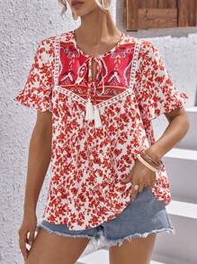 SHEIN LUNE Áo sơ mi nữ mép Xù Thắt nơ trước Hoa Tất cả trên in Boho - Đỏ - Xem 4