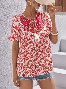 SHEIN LUNE Áo sơ mi nữ mép Xù Thắt nơ trước Hoa Tất cả trên in Boho - Đỏ - Xem 5