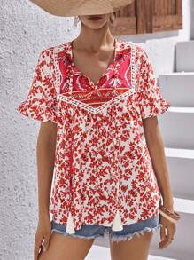 SHEIN LUNE Áo sơ mi nữ mép Xù Thắt nơ trước Hoa Tất cả trên in Boho - Đỏ - Xem 6