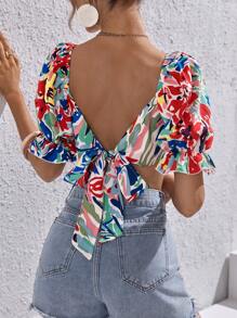 SHEIN VCAY Allover Print Tie Backless Puff Sleeve Crop Top - Multicolor - View 1