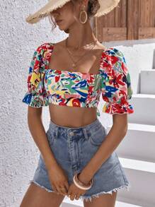 SHEIN VCAY Allover Print Tie Backless Puff Sleeve Crop Top - Multicolor - View 4