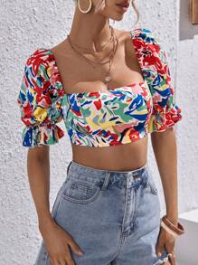 SHEIN VCAY Allover Print Tie Backless Puff Sleeve Crop Top - Multicolor - View 5