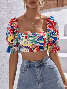 SHEIN VCAY Allover Print Tie Backless Puff Sleeve Crop Top - Multicolor - View 6