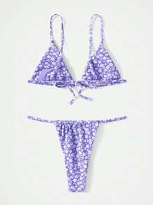 SHEIN Swim Summer Beach Ditsy Floral Print Triangle Thong Bikini Set Sexy Bikini Set - Mauve Purple - View 2